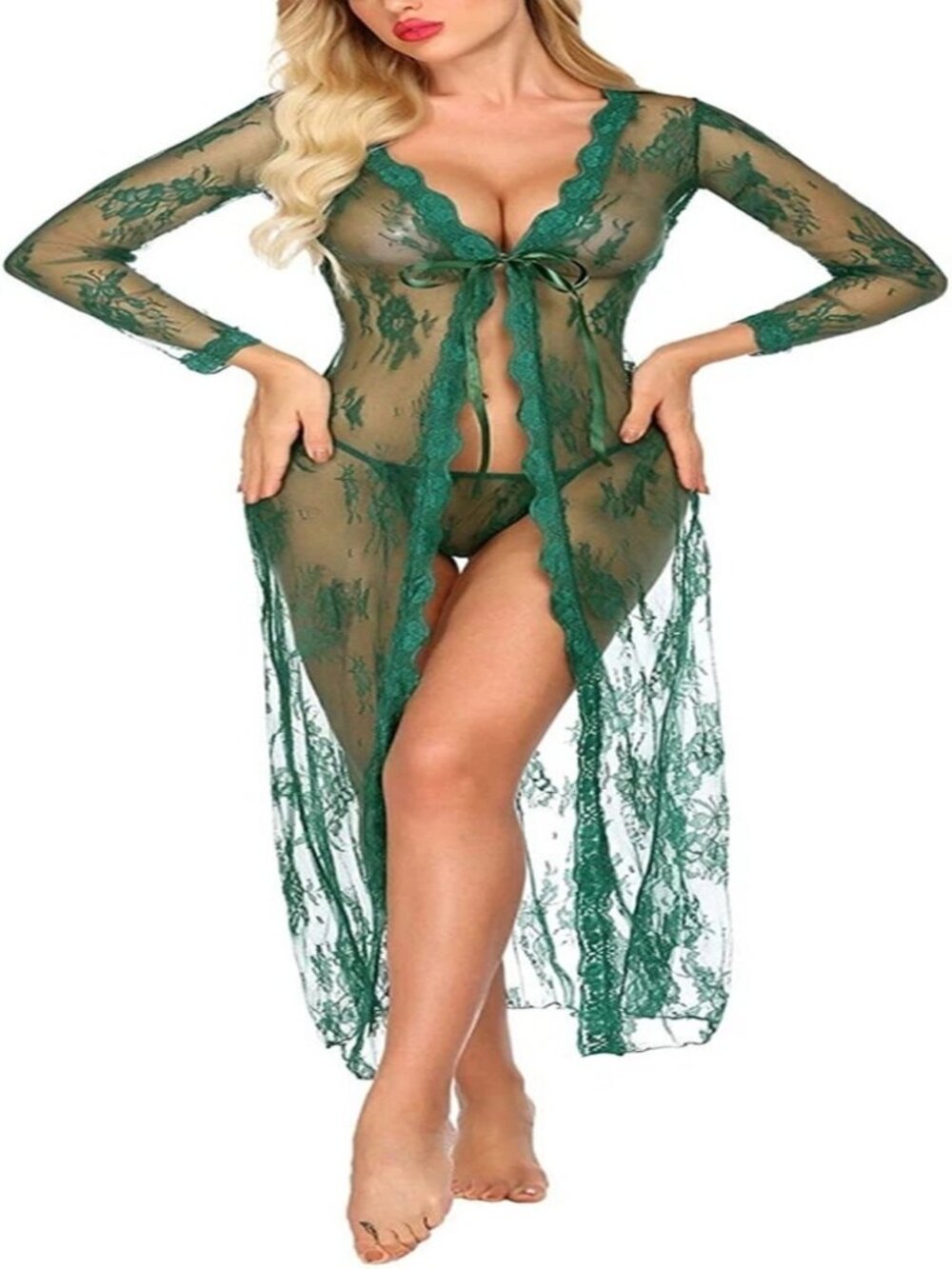 Sexy Lingerie Women Long Lace Kimono Robe Dress Sheer Gown See-Through Sleepwear